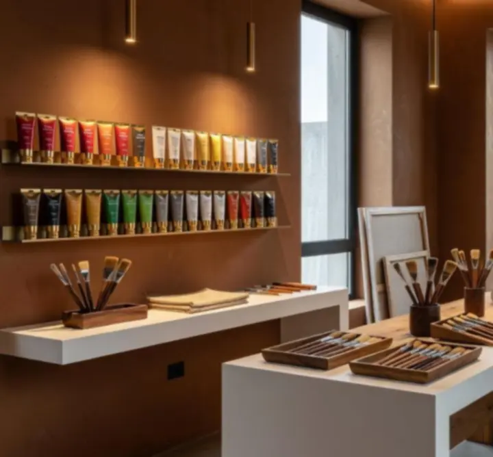 Wnętrze atelier artsuppliees z minimalistyczną ekspozycją materiałów artystycznych